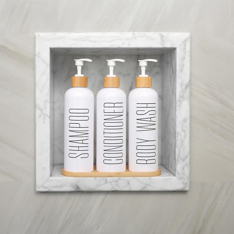 Prus Waso Shampoo and Conditioner Dispenser, Contains Shampoo Conditioner Body Wash Dispenser. Shower Soap Dispenser with Bamboo Pumps & Tray, Perfect for Modern Bathroom Decor. (White) - Image 4